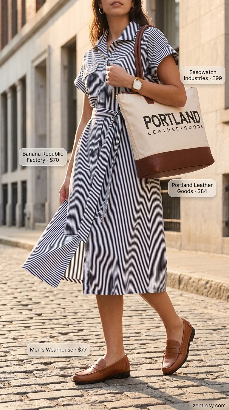 Retro vintage summer outfits for women 2026: Navy and white stripe shirt dress with loafers.