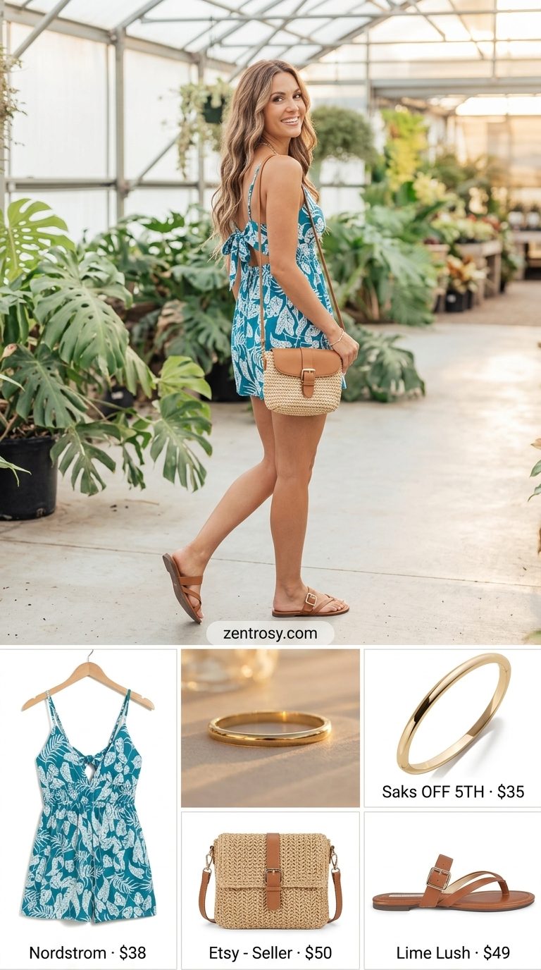 Retro vintage summer outfits for women 2026: Teal abstract print romper with tan slides.