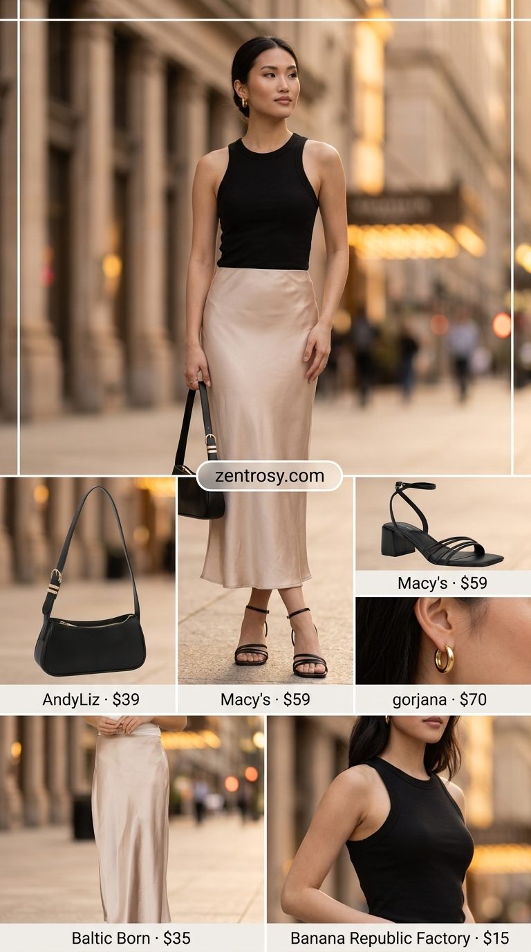 Retro vintage summer outfits for women 2026: Champagne satin midi skirt, black tank, and gold hoops for evening.
