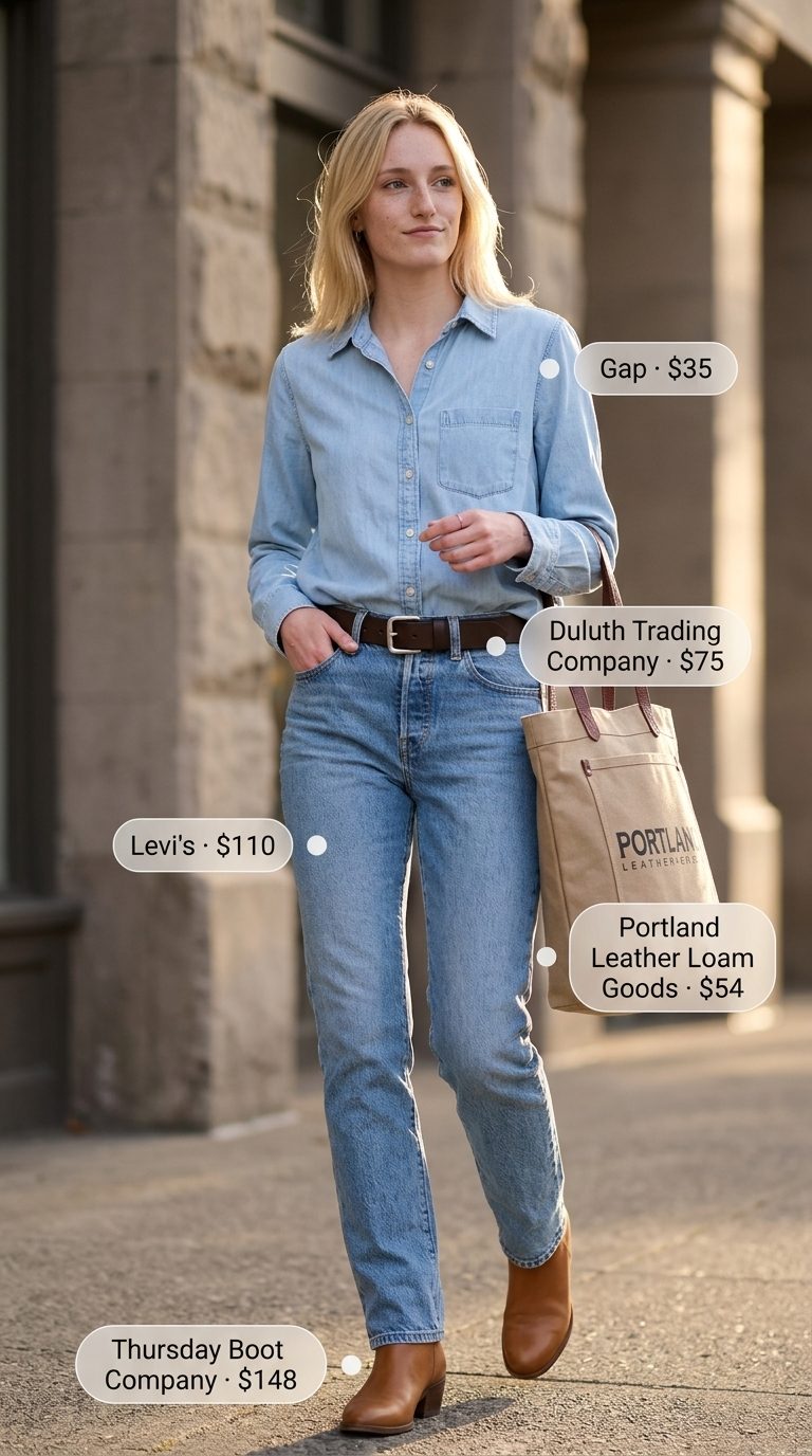Retro vintage summer outfits for women 2026: Denim shirt, jeans, and ankle boots for a cool casual look.