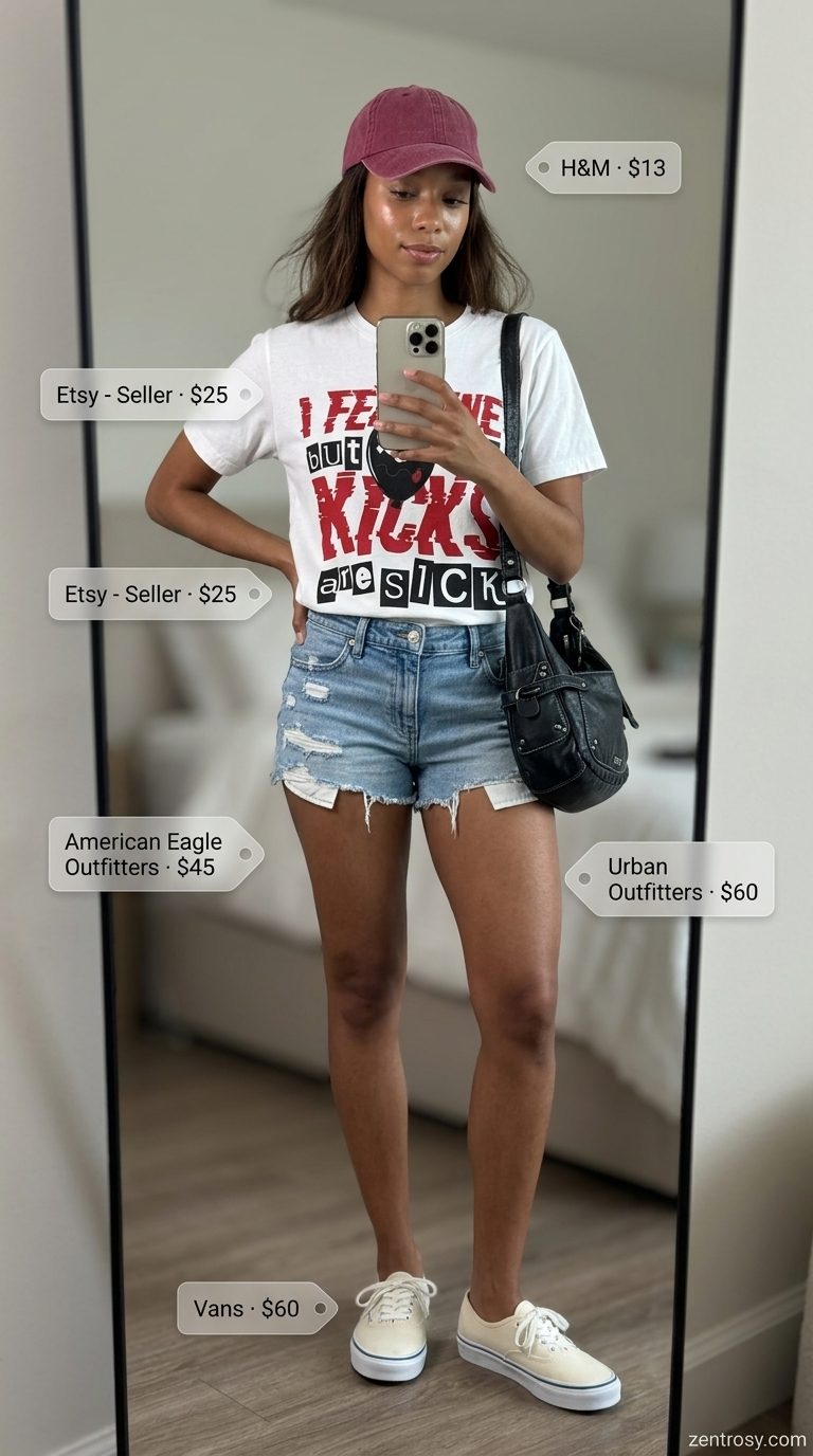 Retro vintage summer outfits for women 2026: Denim shorts, graphic tee, cap, and sneakers for sporty casual.