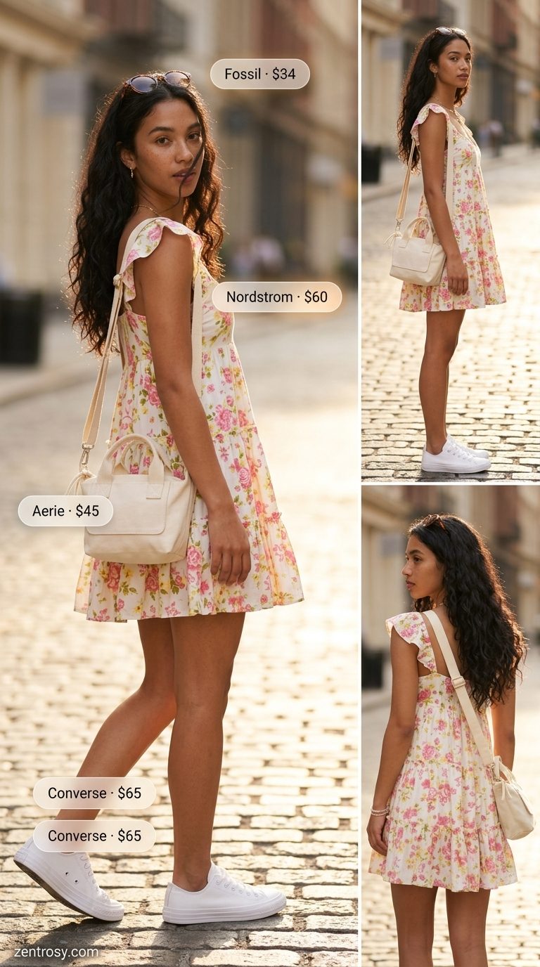Retro vintage summer outfits for women 2026: Floral mini dress, denim jacket, and white sneakers for city.