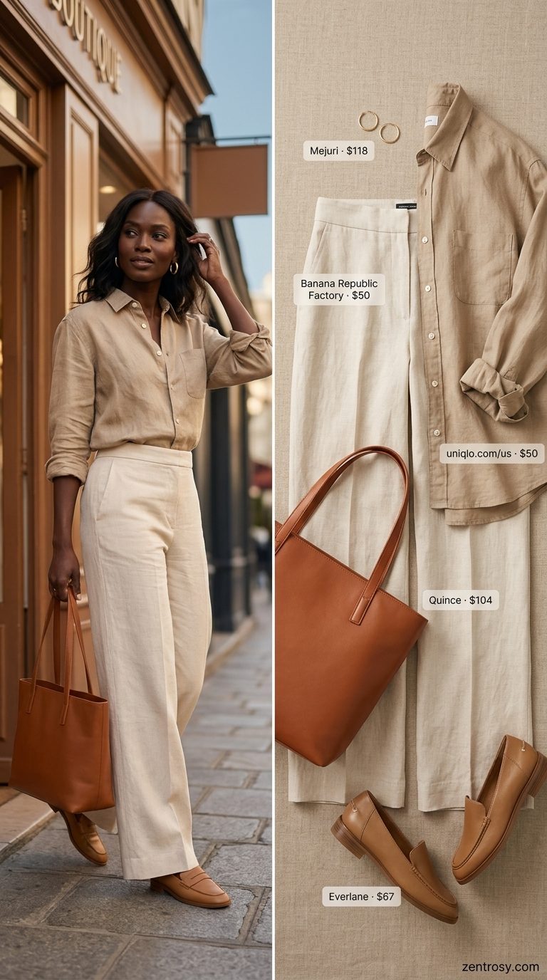 Retro vintage summer outfits for women 2026: Cream linen shirt, beige linen pants, and leather loafers for smart casual.