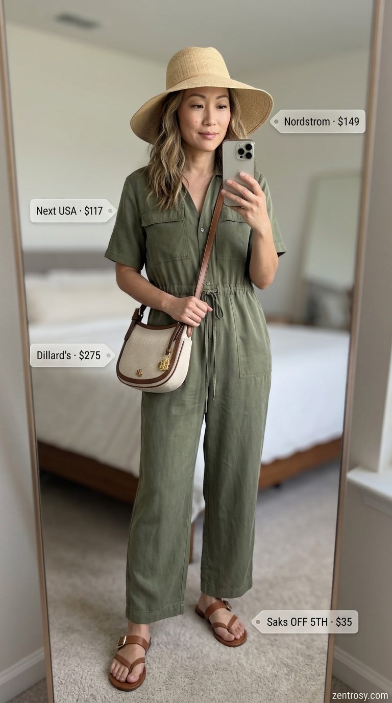 Retro vintage summer outfits for women 2026: Olive green utility jumpsuit, straw hat, and tan slides for travel.