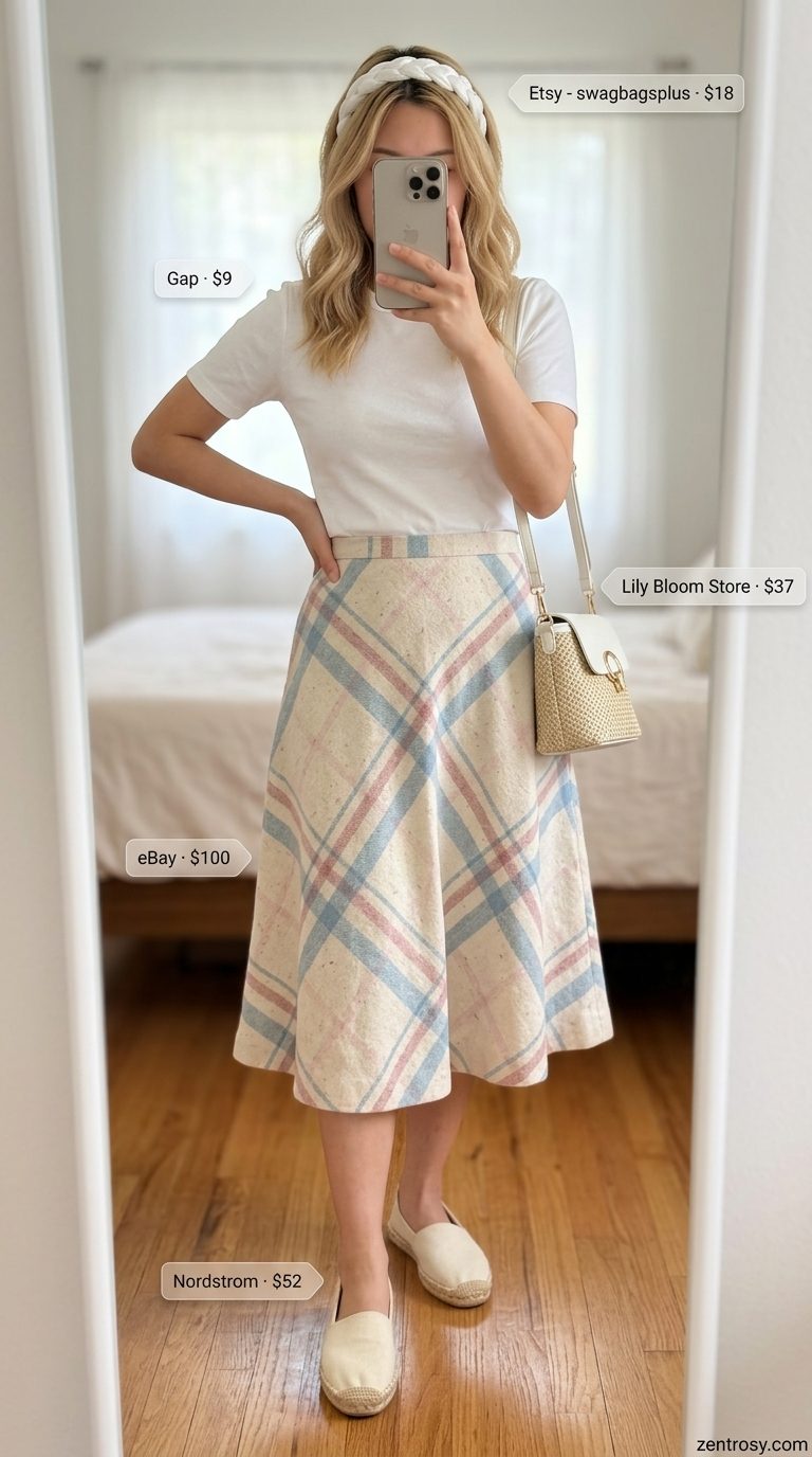 Retro vintage summer outfits for women 2026: Pastel plaid skirt, cream tee, straw bag, and espadrilles for picnic.
