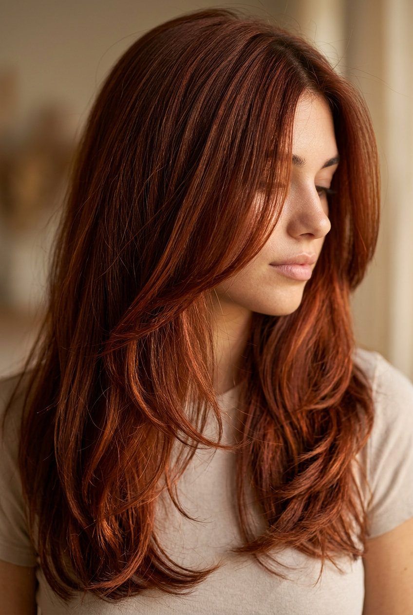 long cascading auburn haircut with mahogany undertones and copper highlights, layered with face-framing pieces for romantic events
