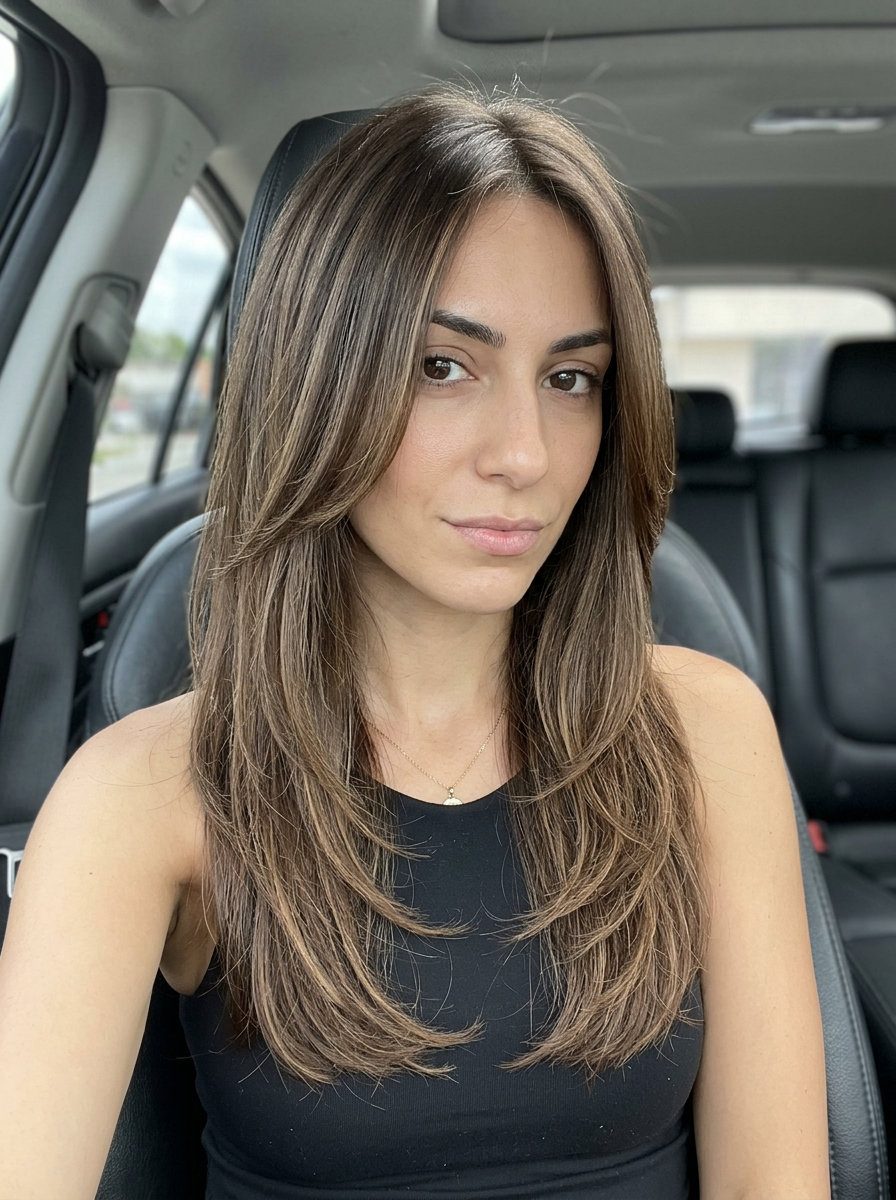 long layered brunette haircut with caramel and mocha balayage for sophisticated looks