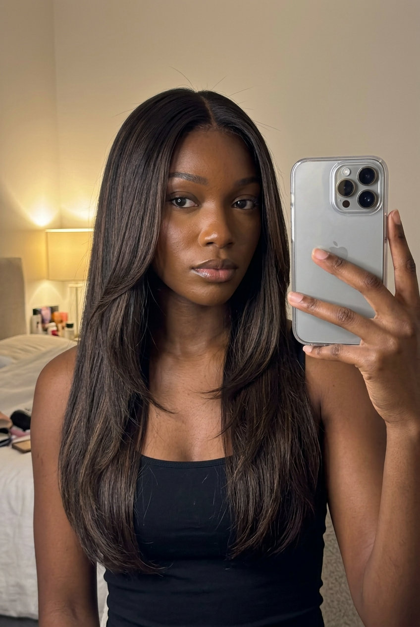 Polished Summer Length 2026 long layered haircut with rich espresso, mocha lowlights, amber hints — professional sophisticated