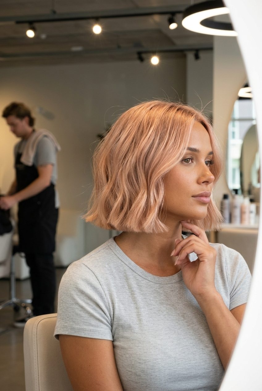 chin-length blunt bob with rose gold blonde and peach undertones for playfulness