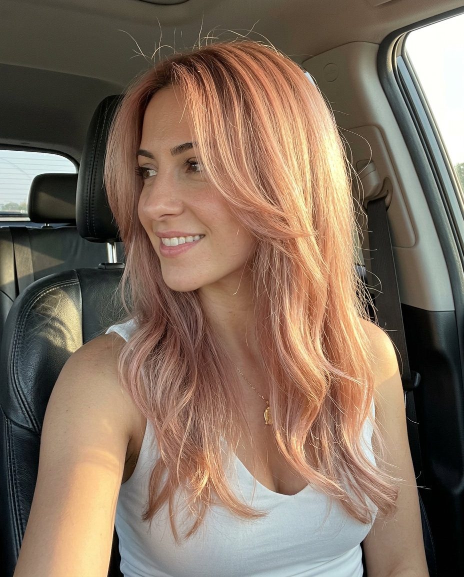 long rose gold blonde haircut with face-framing butterfly layers and a soft center part for ethereal vibes