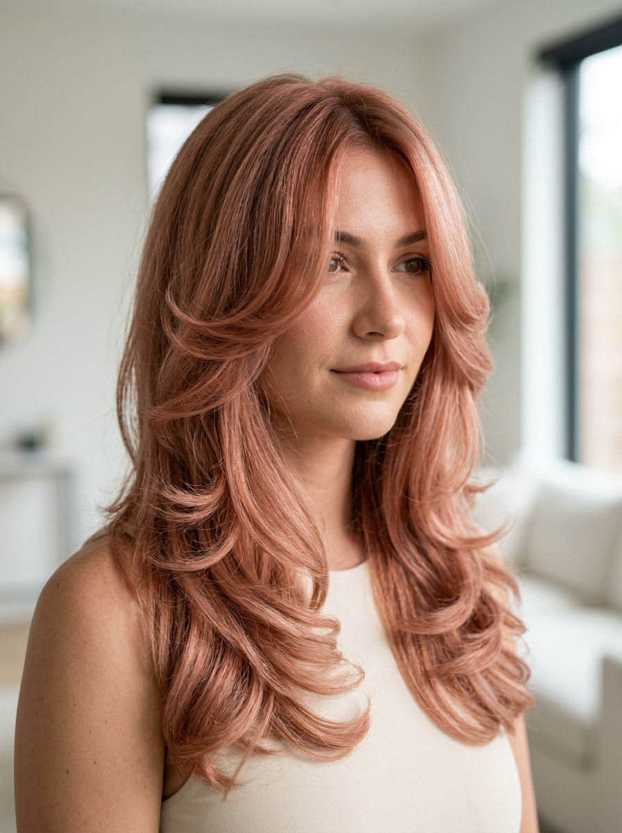 medium butterfly haircut in rose gold with peach undertones, C-shape layers, no fringe — romantic soft look