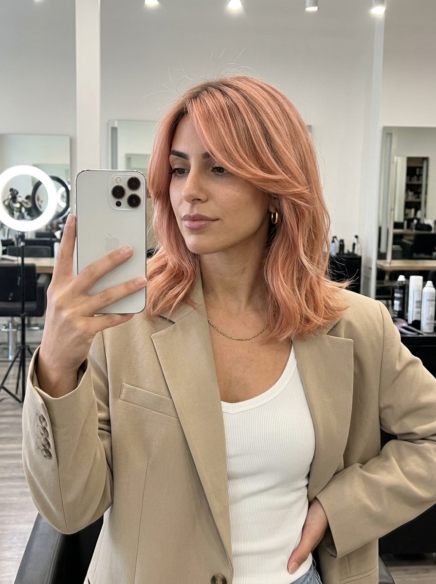 Rose Gold Layered Lob 2026: Romantic & Dreamy medium lob haircut in rose gold with peach-pink undertones, face-framing layers, feathered ends — romantic dreamy