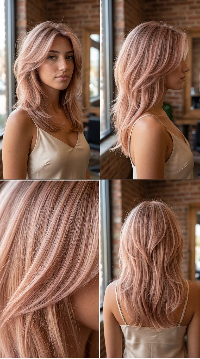 medium-long rose gold wolf cut with soft layers and face-framing pieces for summer party