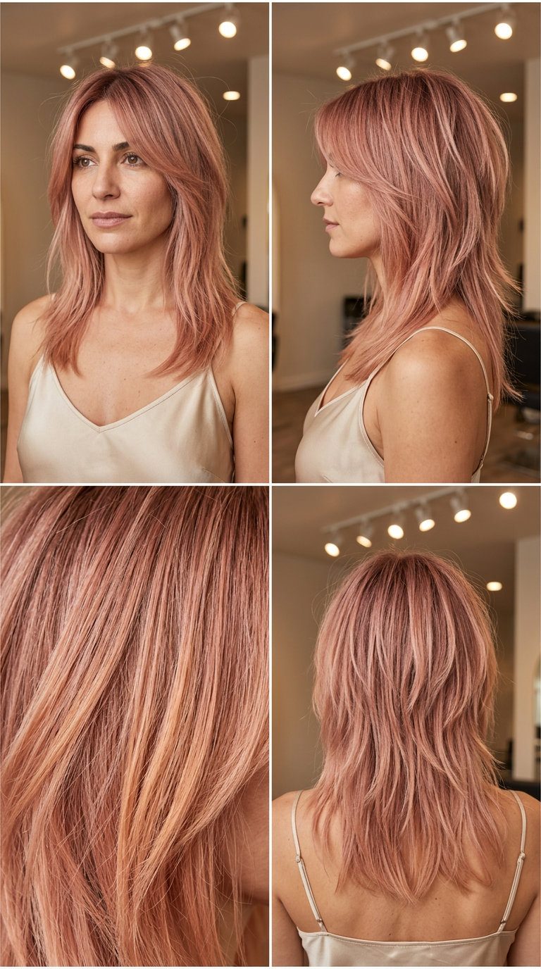 mid-length rose gold ombré shag with choppy layers and razored ends for festivals