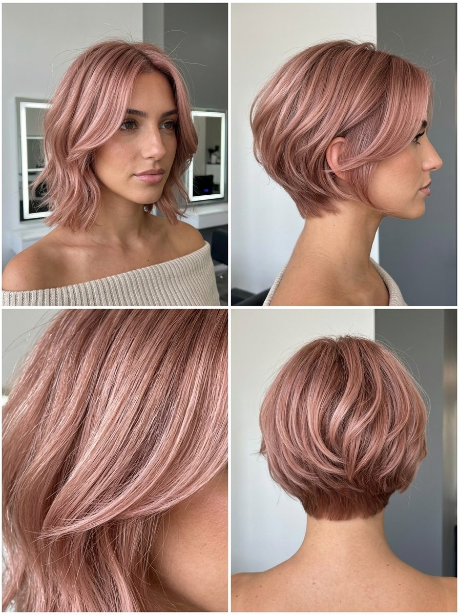 Rose Gold Shimmer Bixie: Romantic Cut 2026 short layered bixie haircut in dusty rose gold with shimmering highlights for date night