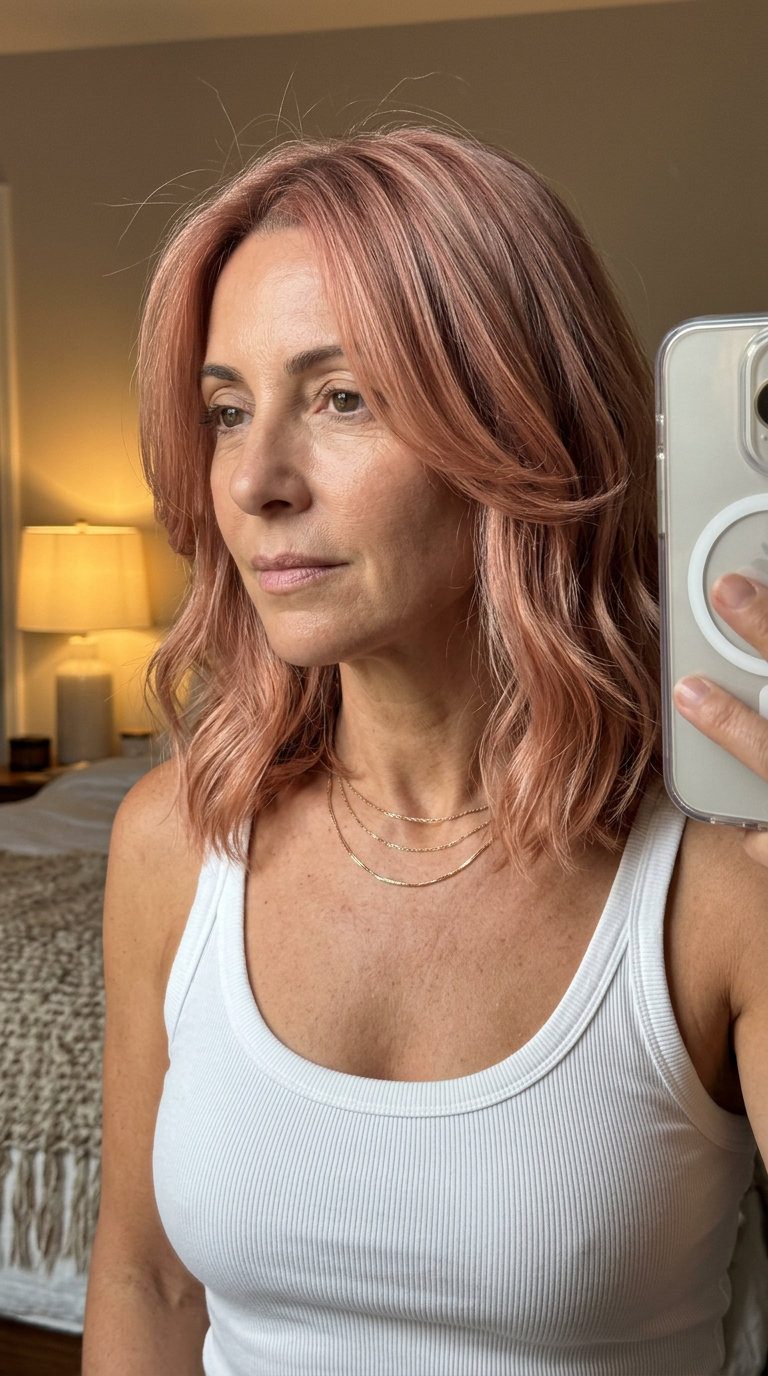 shoulder-length dusty rose gold lob with champagne undertones, soft layers, U-shape back — romantic and playful for date night