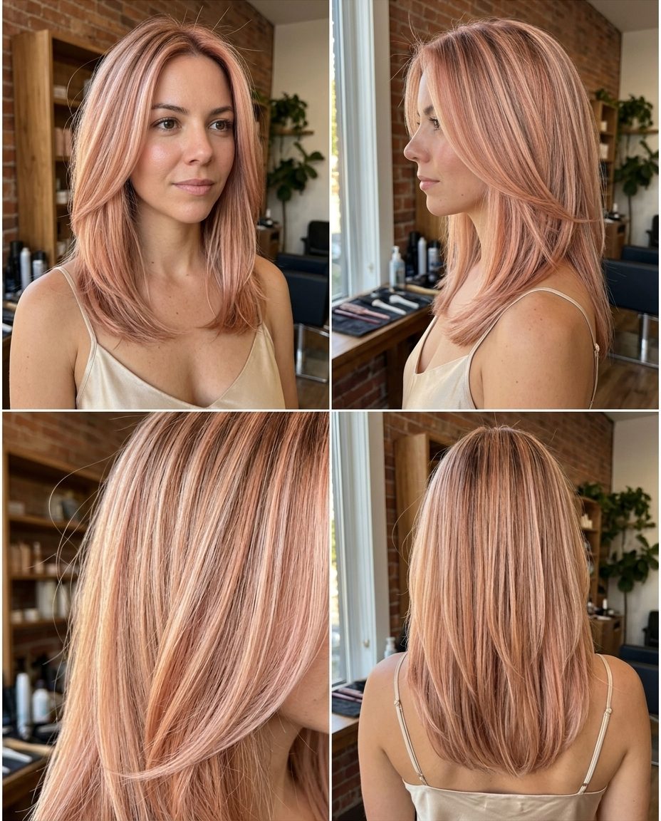 long rose gold strawberry blonde foilayage with peach-pink babylights, shimmering multidimensional effect — romantic shimmering style