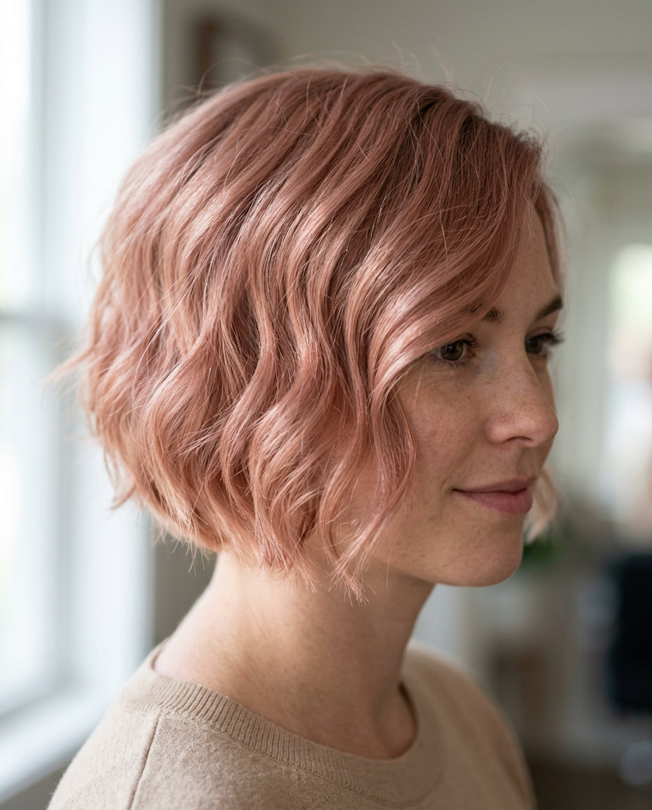 Rose Gold Whisper Bixie Haircut 2026 very short bixie haircut with rose gold, faint pink undertones, soft rose root — romantic, dreamy, whimsical