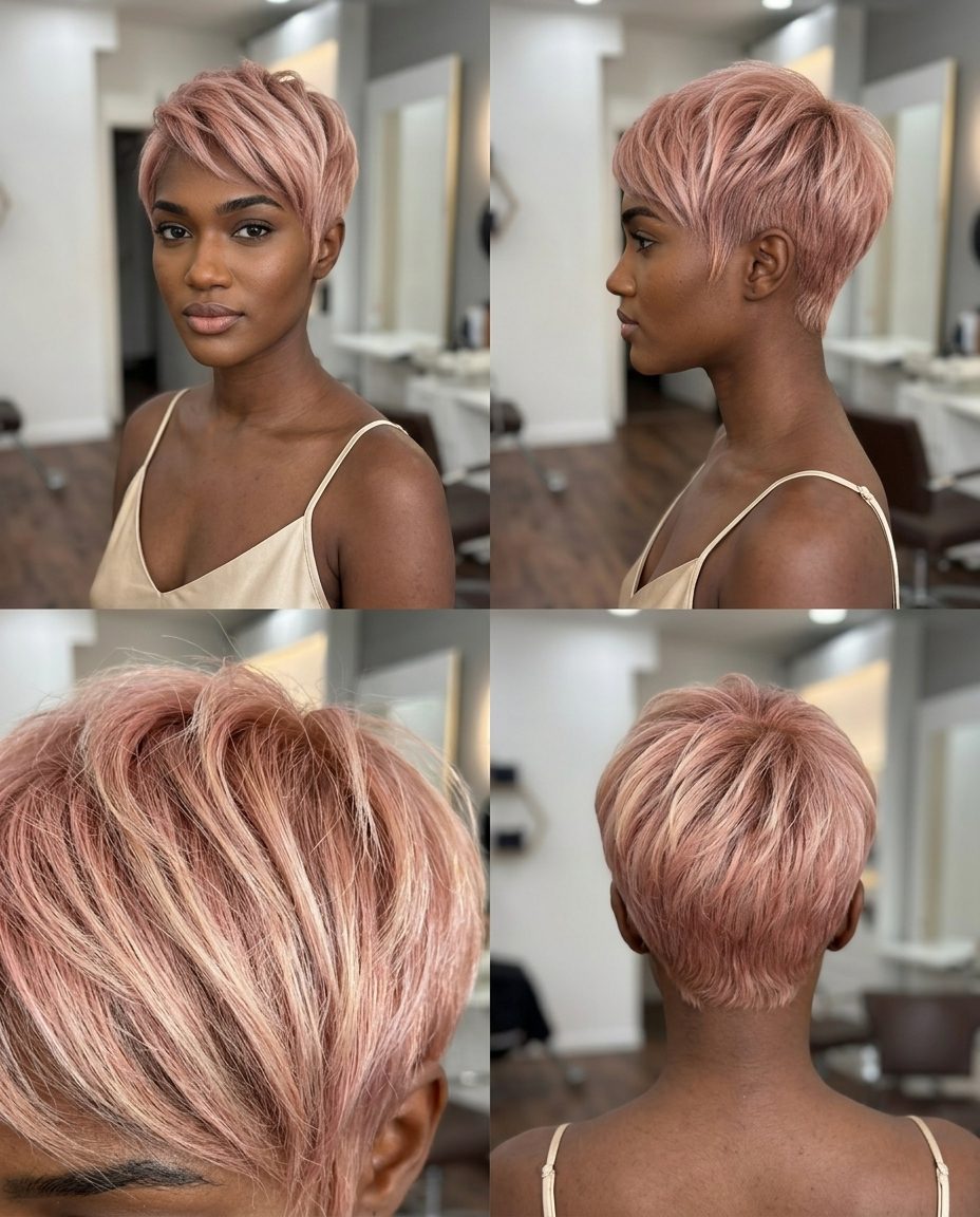 Rose Gold Pixie Haircut 2026 very short textured pixie haircut with rose gold balayage, soft swept fringe — dreamy casual date