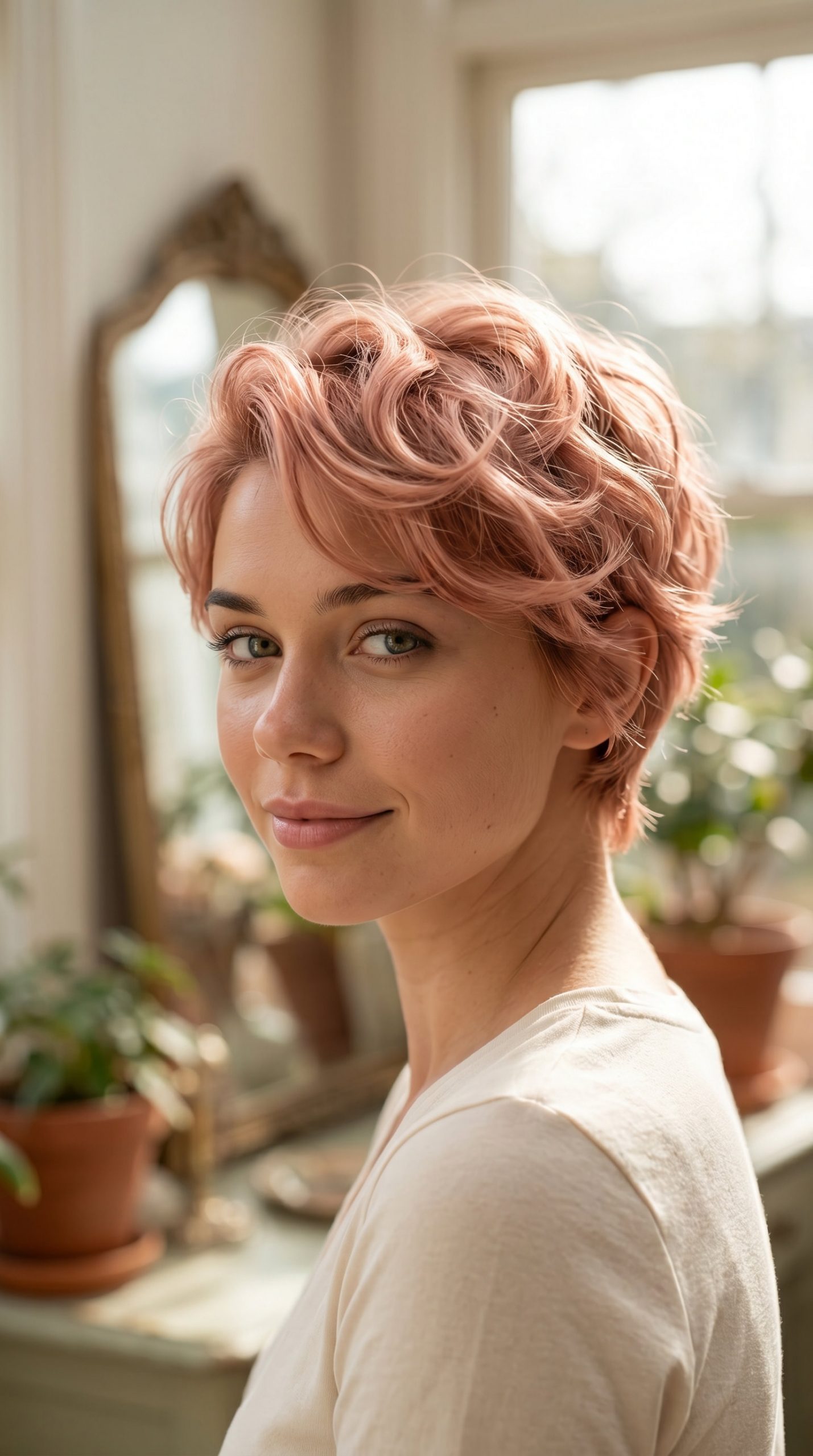 very short pixie haircut in rose gold, soft waves — romantic whimsical date night