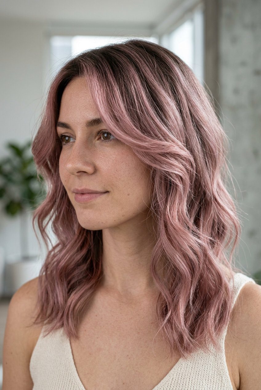 medium butterfly haircut in rose quartz balayage, soft layers, no fringe — romantic date night style
