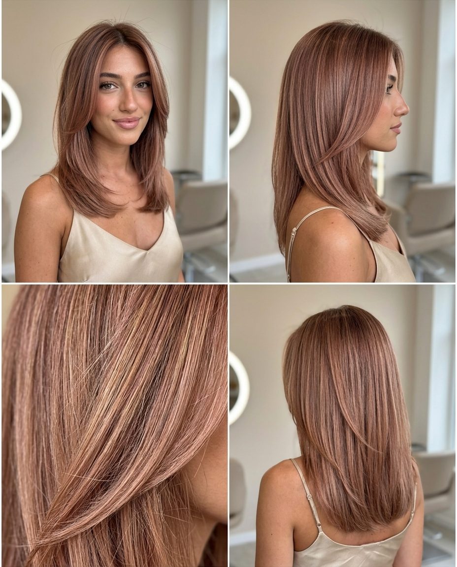 Elegant Rosewood Blonde All-Over 2026 long rosewood blonde all-over with deep rosewood and subtle gold tones, all-over color, no fringe — elegant professional event