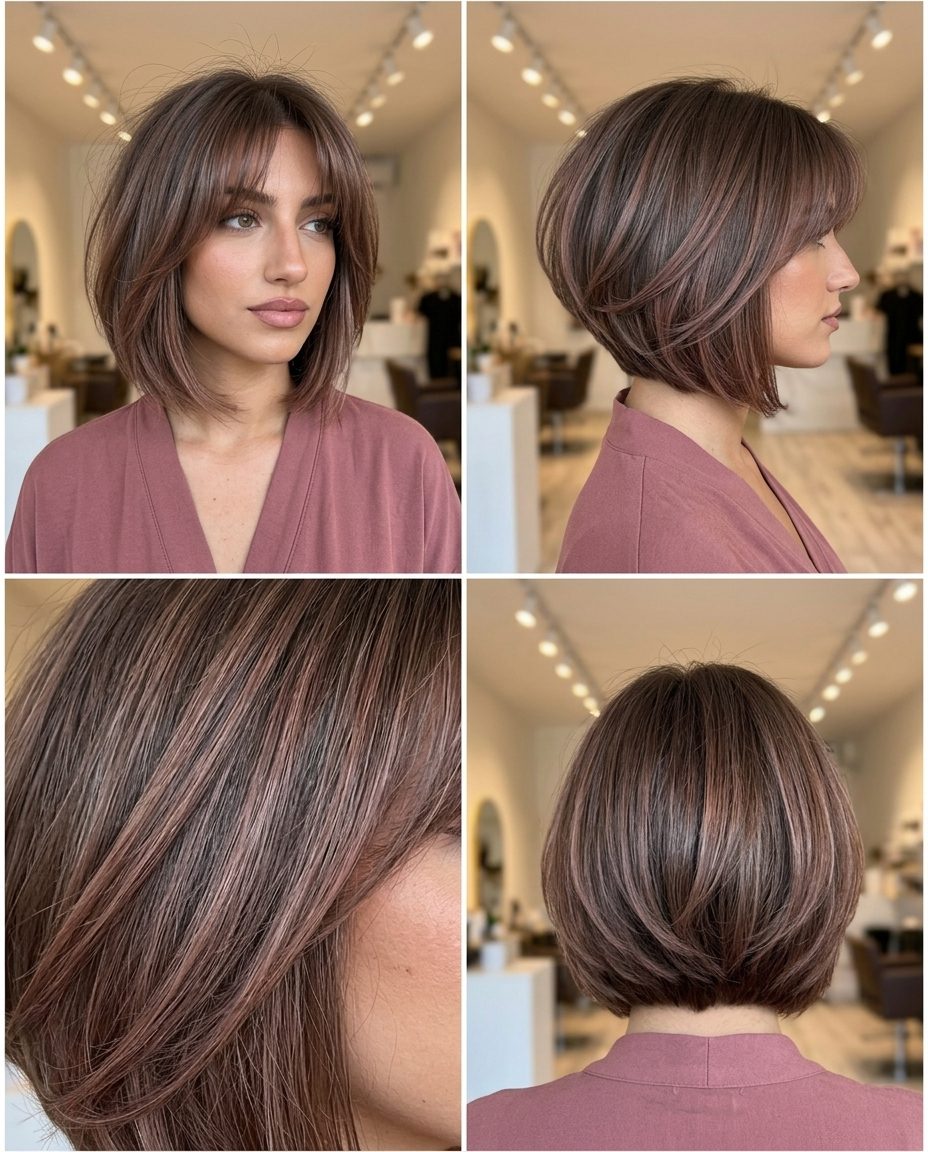 Rosewood Bixie Haircut 2026 short layered bixie haircut in dusty rosewood with ash brown base, wispy curtain bangs — romantic & soft