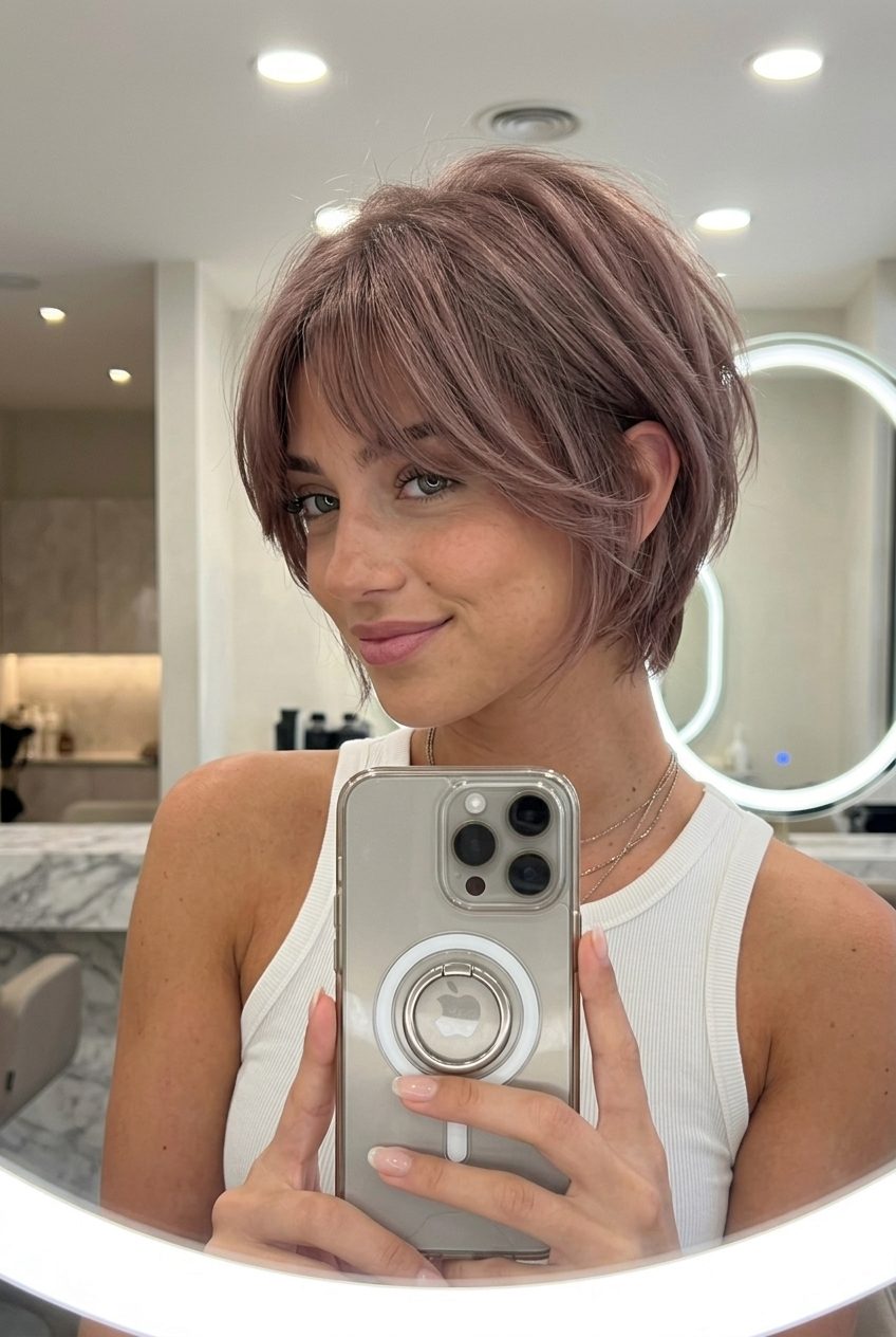 Dusty Rosewood Bixie: Romantic Haircut 2026 short textured bixie haircut in dusty rosewood with wispy fringe for brunch