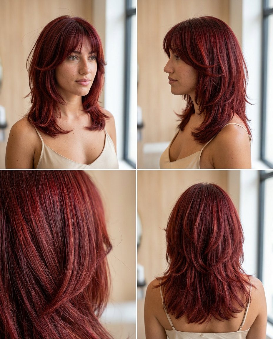 medium-length shag haircut with deep ruby red and copper undertones, strong textured layers, choppy fringe — bold retro statement