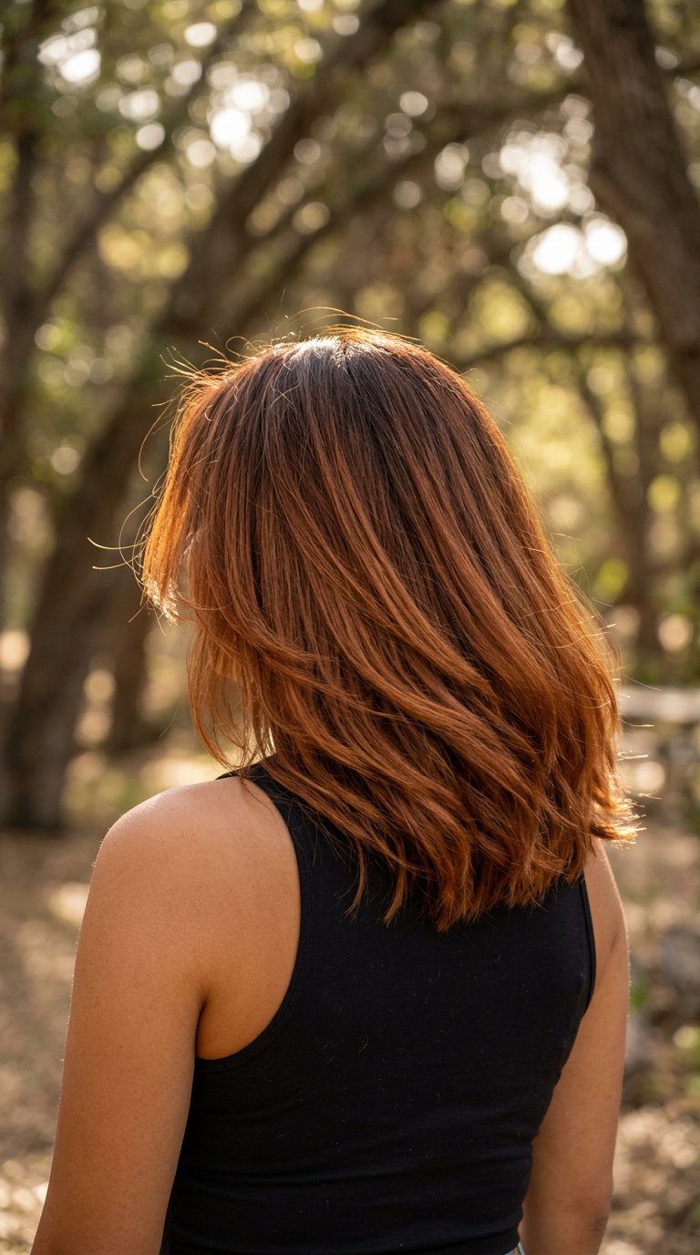 long balayage with russet and saddle brown copper, root smudge balayage, no fringe — edgy concert style