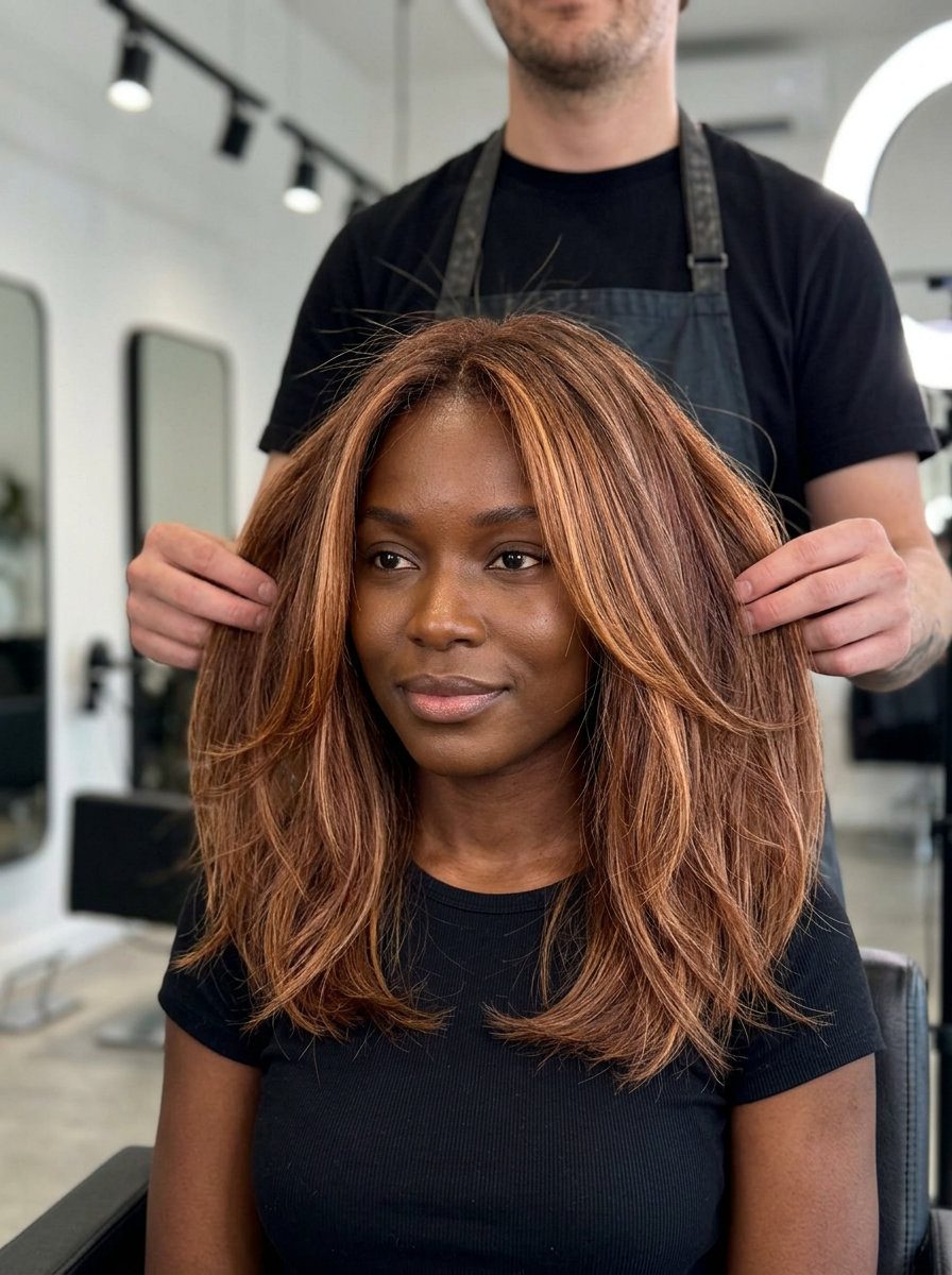 long layered auburn hair with copper-gold foilayage highlights, no fringe, muted rust base — edgy weekend