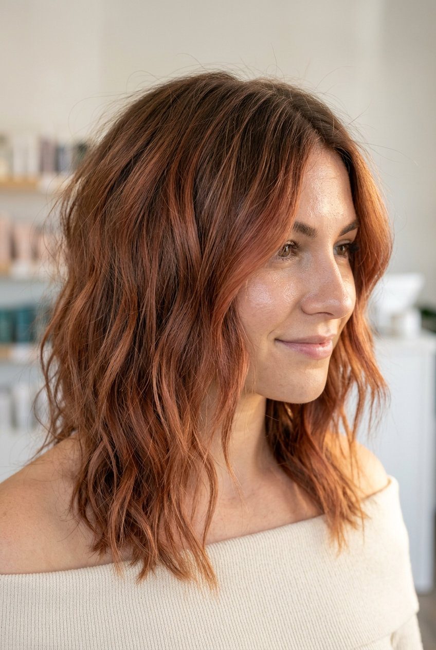long rusty copper balayage with muted earthy tones and subtle blended highlights for boho