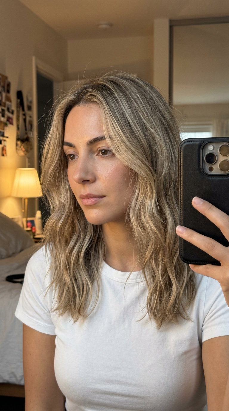 long layered sand blonde hair with subtle highlights, balayage technique, no fringe — effortless summer beach day