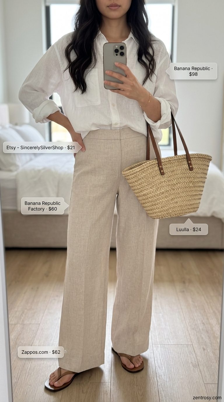 Coastal Breeze Wide-Leg Pants 2026 Sand wide-leg linen pants with an oversized white linen shirt, leather slides, and straw tote for beach day.