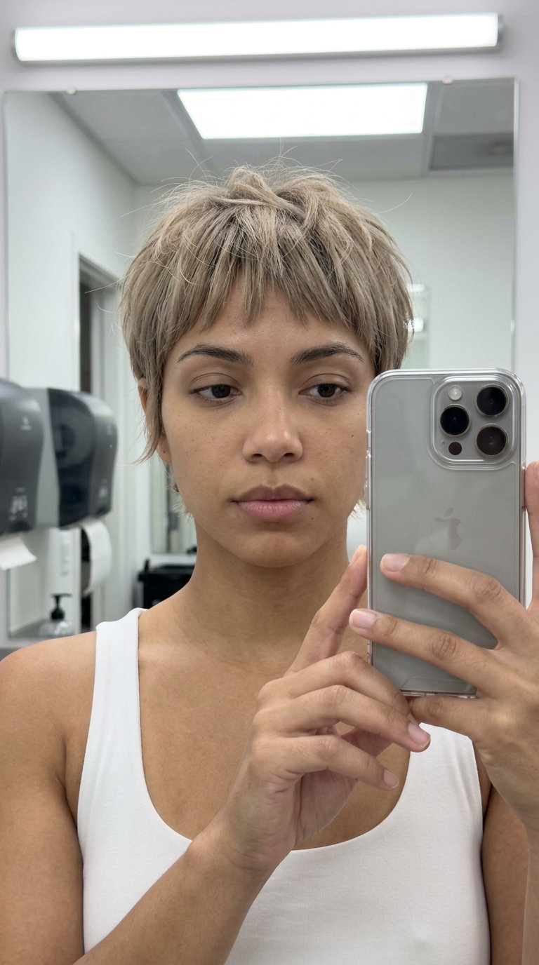 Sandstone Edge Pixie 2026: Edgy Blonde short pixie sandstone blonde with beige-ash tones and natural root smudge, razored texture — edgy modern style