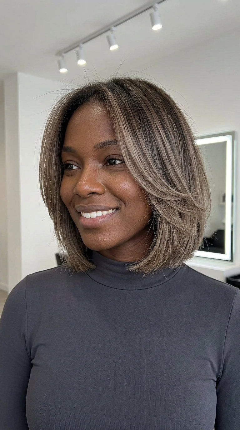 jaw-length textured ash brown bob with shattered layers and diffused ends for casual