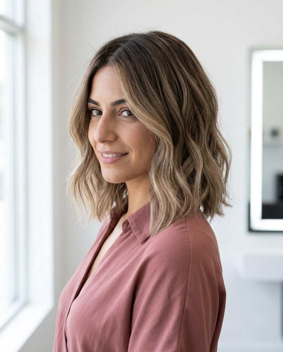 Sandy Beige Balayage Lob 2026 collarbone-length sandy beige balayage lob with natural root, subtle layers — effortless beach vacation