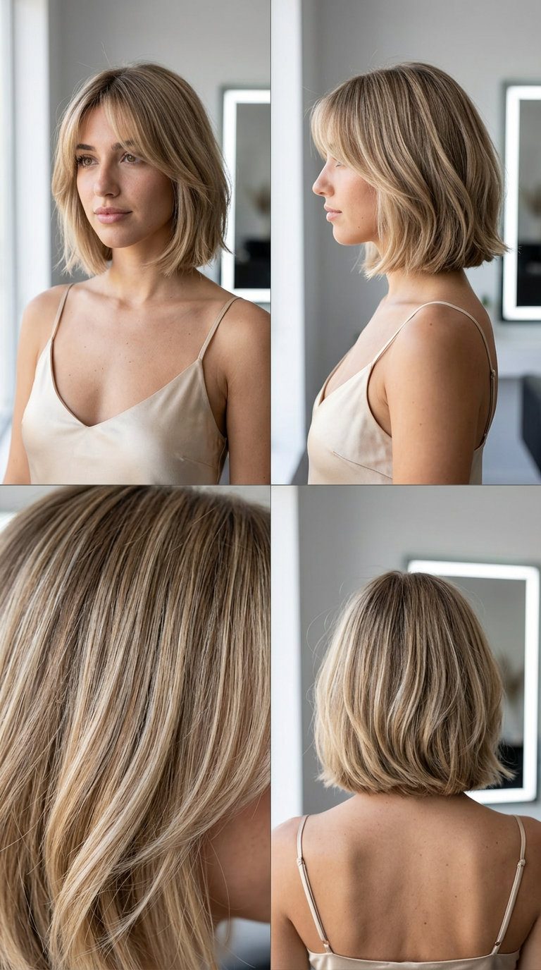 chin-length sandy blonde bob with wispy curtain bangs and textured edge for playful style