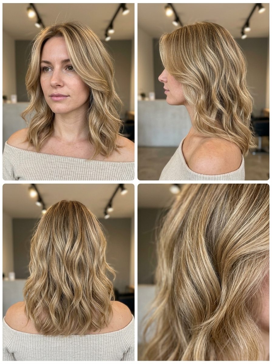 Sandy Blonde Wavy Curve Cut 2026 medium soft curve cut wavy haircut in sandy blonde with babylights, inward-curving layers, soft sweeping fringe — effortless beachy look