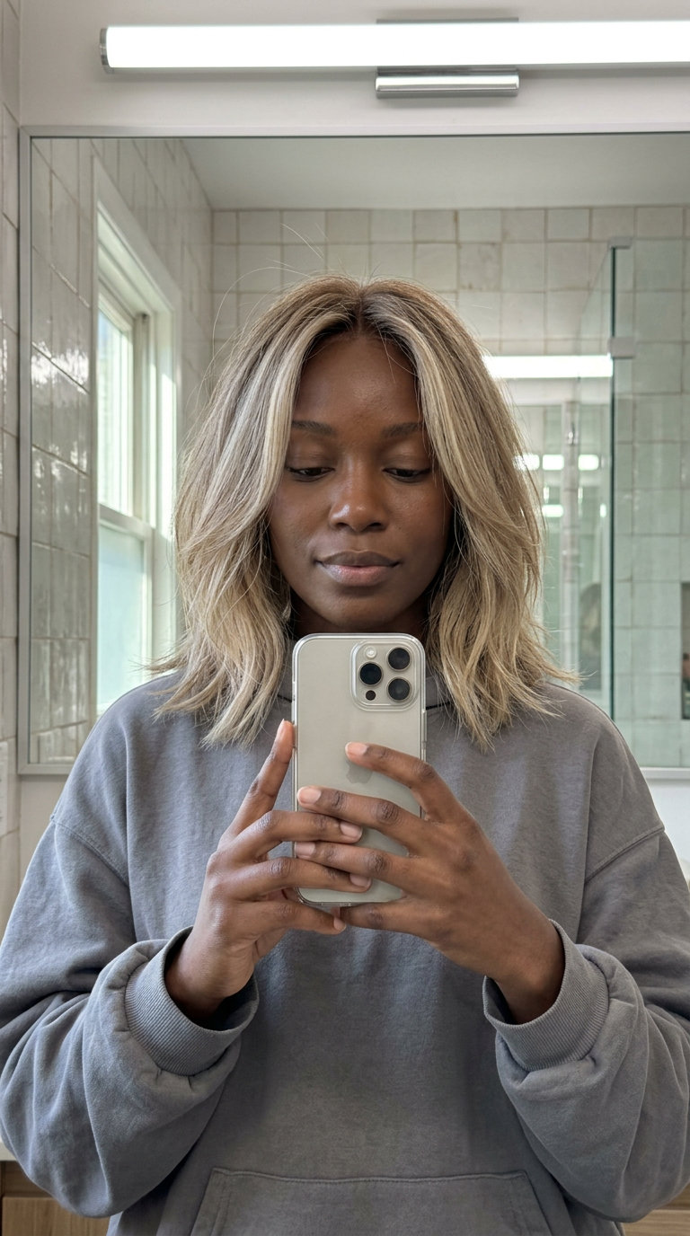 Sandy Beige Blonde Lob 2026: Effortless & Natural medium shaggy lob haircut in sandy beige blonde with cool tones, soft root smudge, point-cut layers — effortless natural