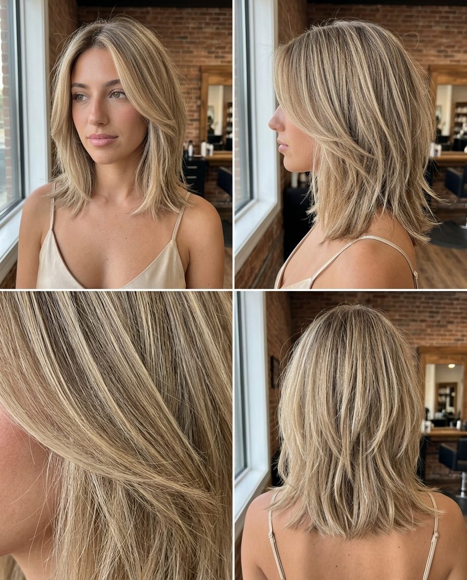 Sandy Blonde Textured Lob: Effortless Summer 2026 medium lob haircut in sandy blonde with beige babylights and textured choppy layers for summer