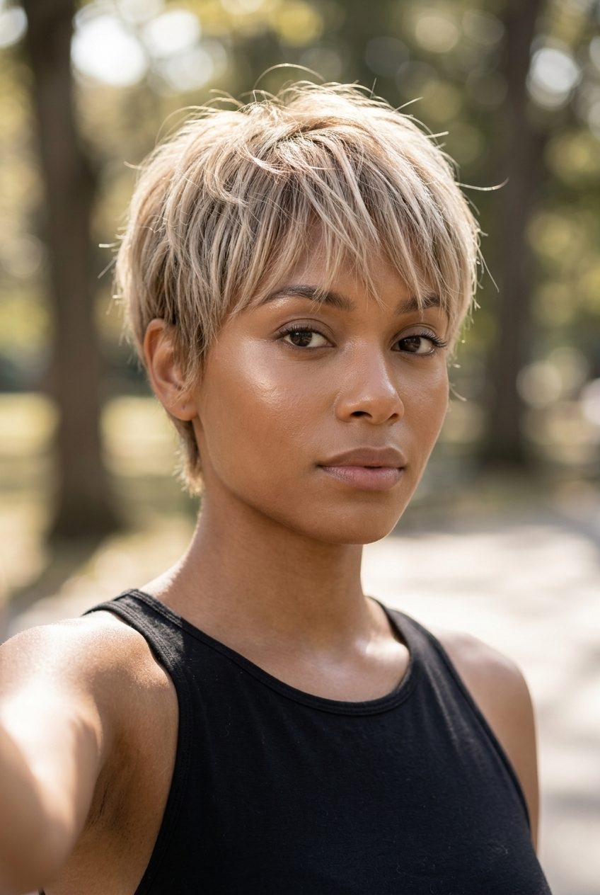 short wispy pixie with sandy blonde and cool beige tones for summer 2026