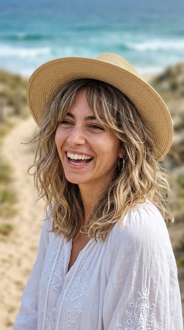 shoulder-length sandy blonde shag with mushroom brown roots and beige highlights for summer 2026