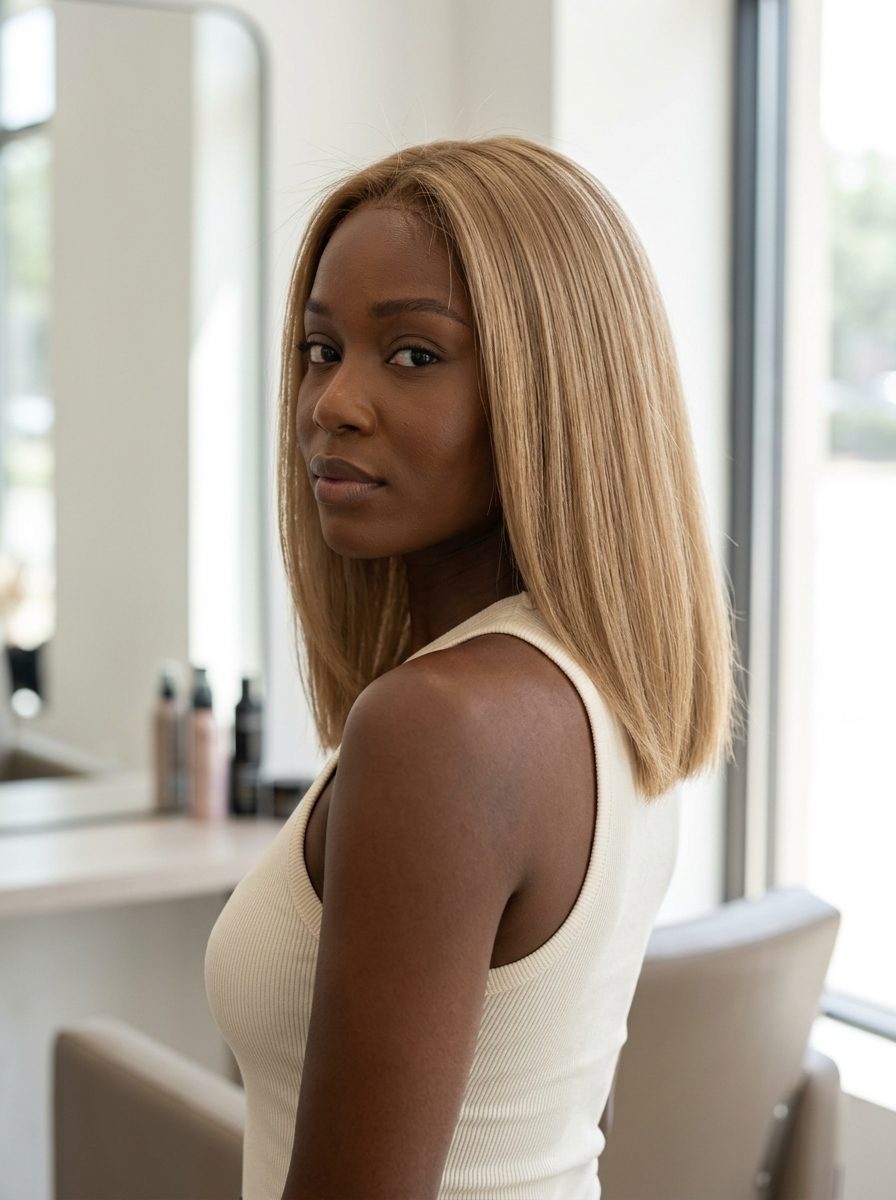 mid-length blunt cut honey blonde hair with sandy beige all-over, effortless sun-kissed tone for beach days