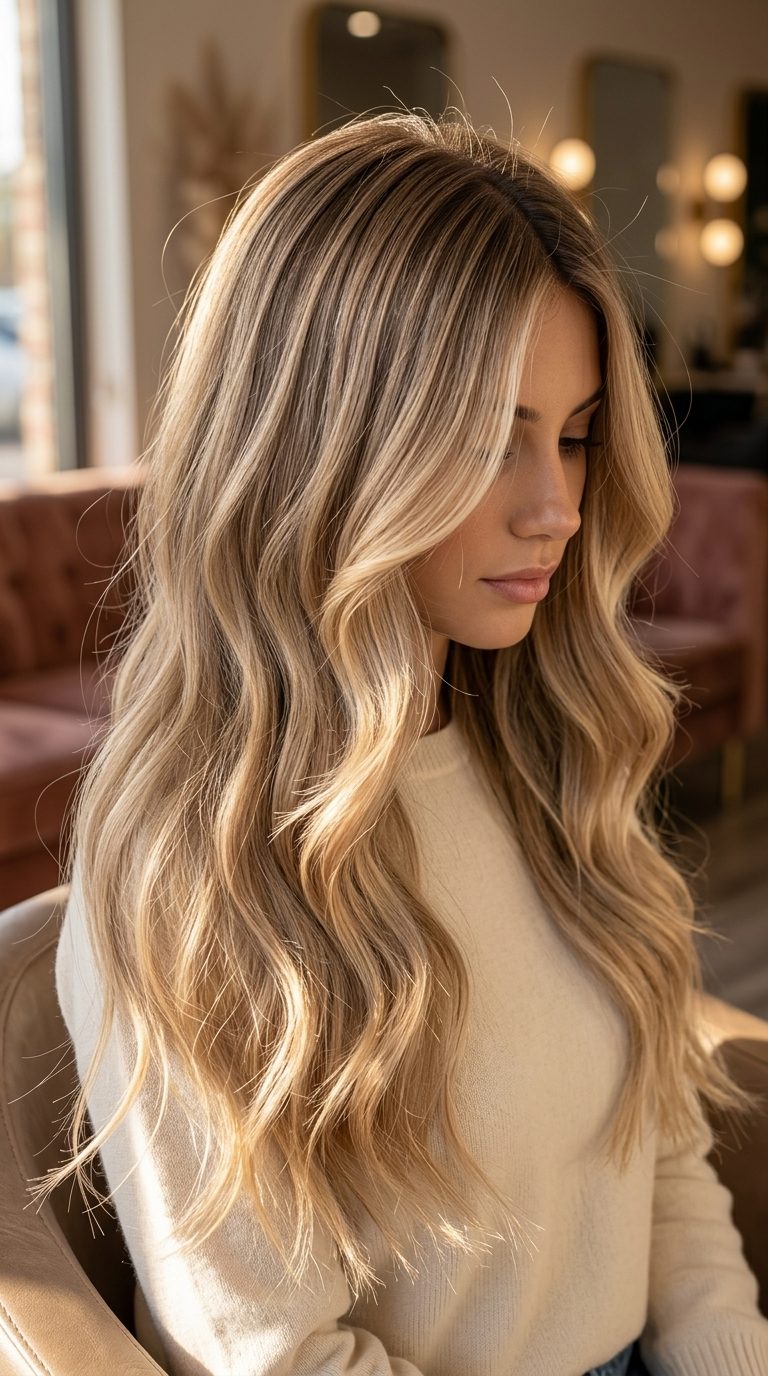 Desert Glow Ombré: Sandy Blonde 2026 extra-long cascading layers in sandy root melt to desert clay ombré with sun-drenched ends