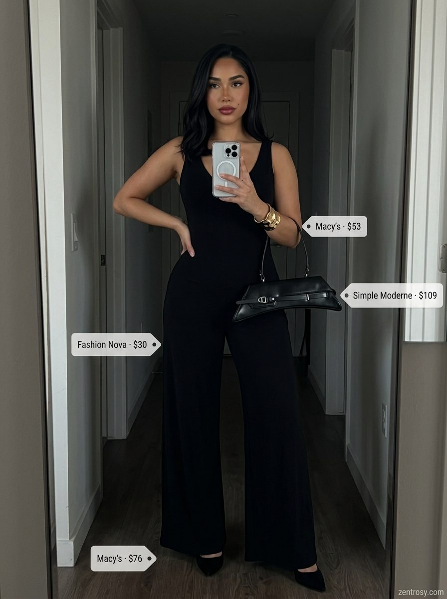 Sexy Miami summer outfits for women 2026: Emerald green jumpsuit with black heels and gold cuff.