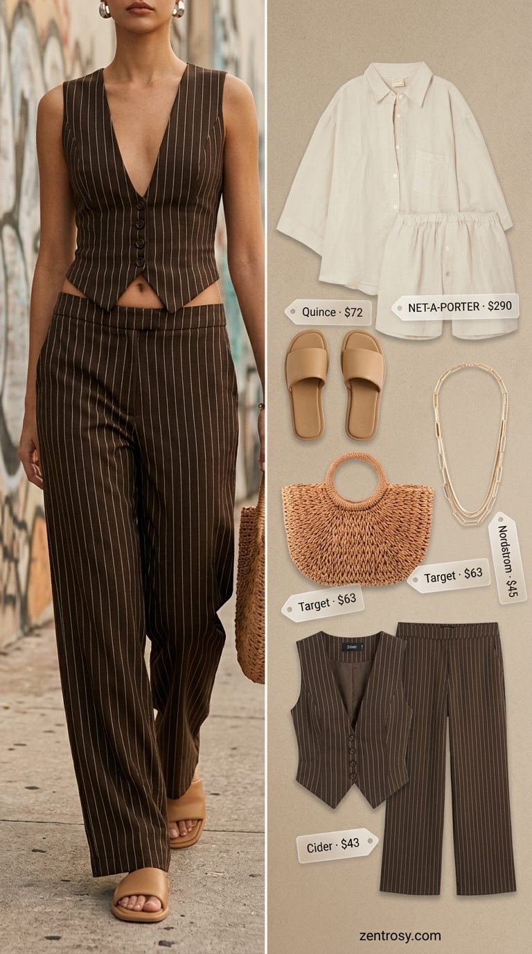 Sexy Miami summer outfits for women 2026: Cream linen matching set with straw tote and gold necklaces.