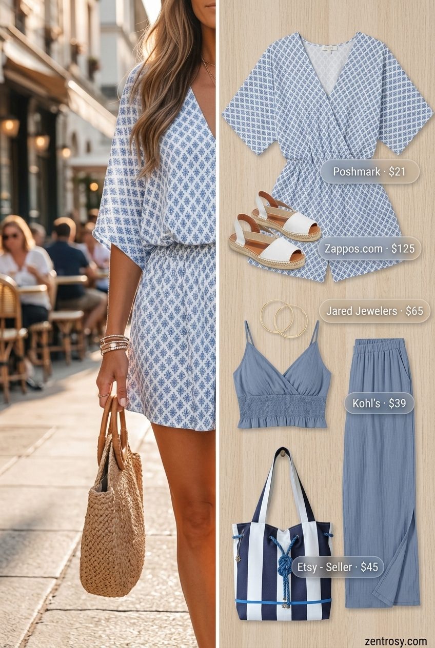 Sexy Miami summer outfits for women 2026: Blue & white geometric romper with espadrilles and gold hoops.