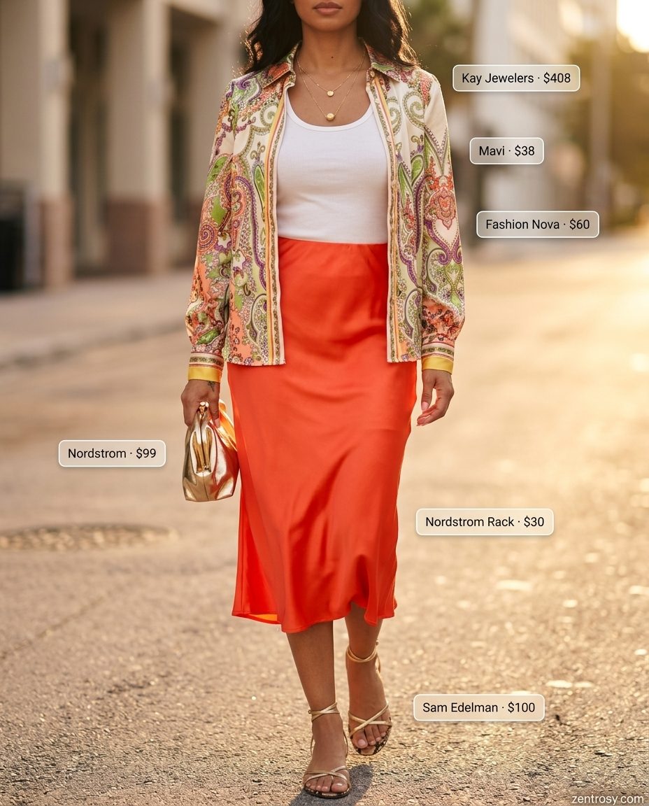 Sexy Miami summer outfits for women 2026: Coral satin skirt, white tank, gold sandals, layered necklaces.