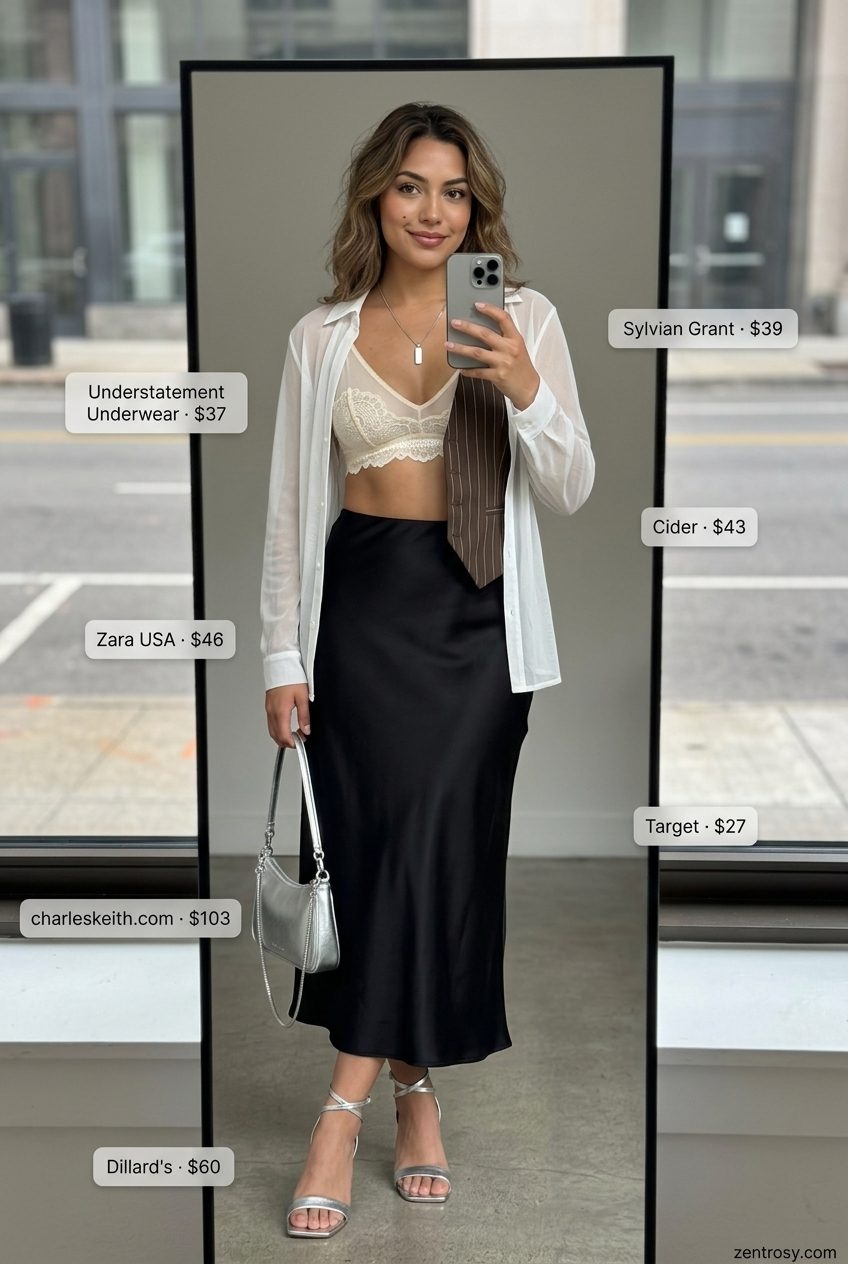 Sexy Miami summer outfits for women 2026: Black satin skirt, sheer white shirt, lace bralette, silver heels.